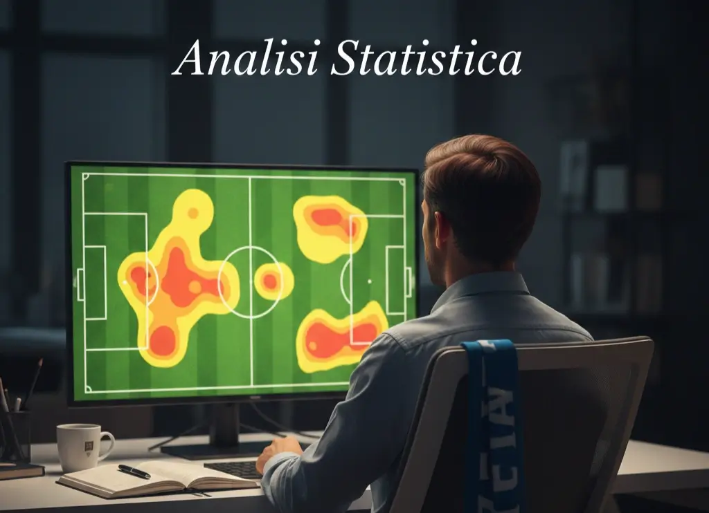 Analisi statistica scommesse calcio: analista che studia dati di una partita su monitor