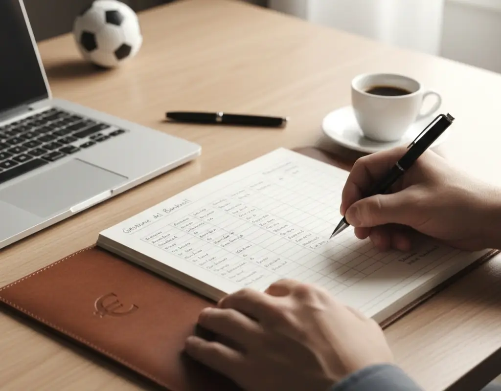 Gestione bankroll scommesse: persona che annota puntate su un quaderno accanto a un laptop