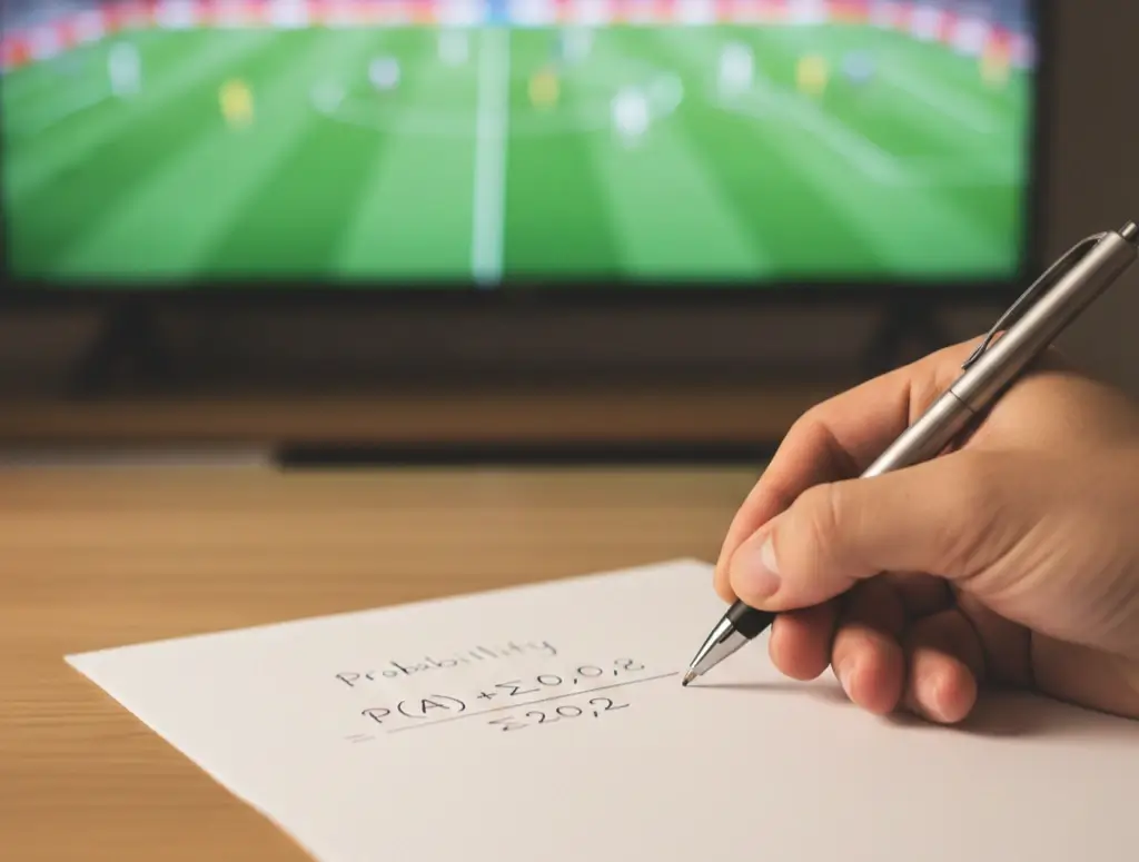 Mano che scrive formule di probabilità su un foglio bianco accanto a una partita di calcio in TV
