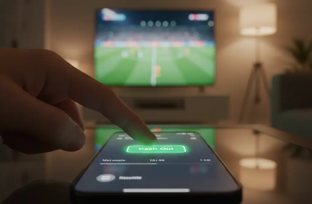Dito che sfiora il pulsante Cash Out sullo schermo di uno smartphone durante una partita di calcio live