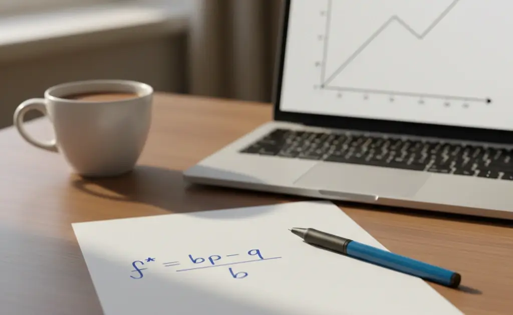 Foglio con la formula di Kelly scritta a mano accanto a un laptop con grafici di gestione del bankroll