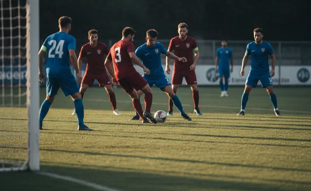 Partita di calcio in corso con due squadre in equilibrio, rappresentando il concetto di draw no bet