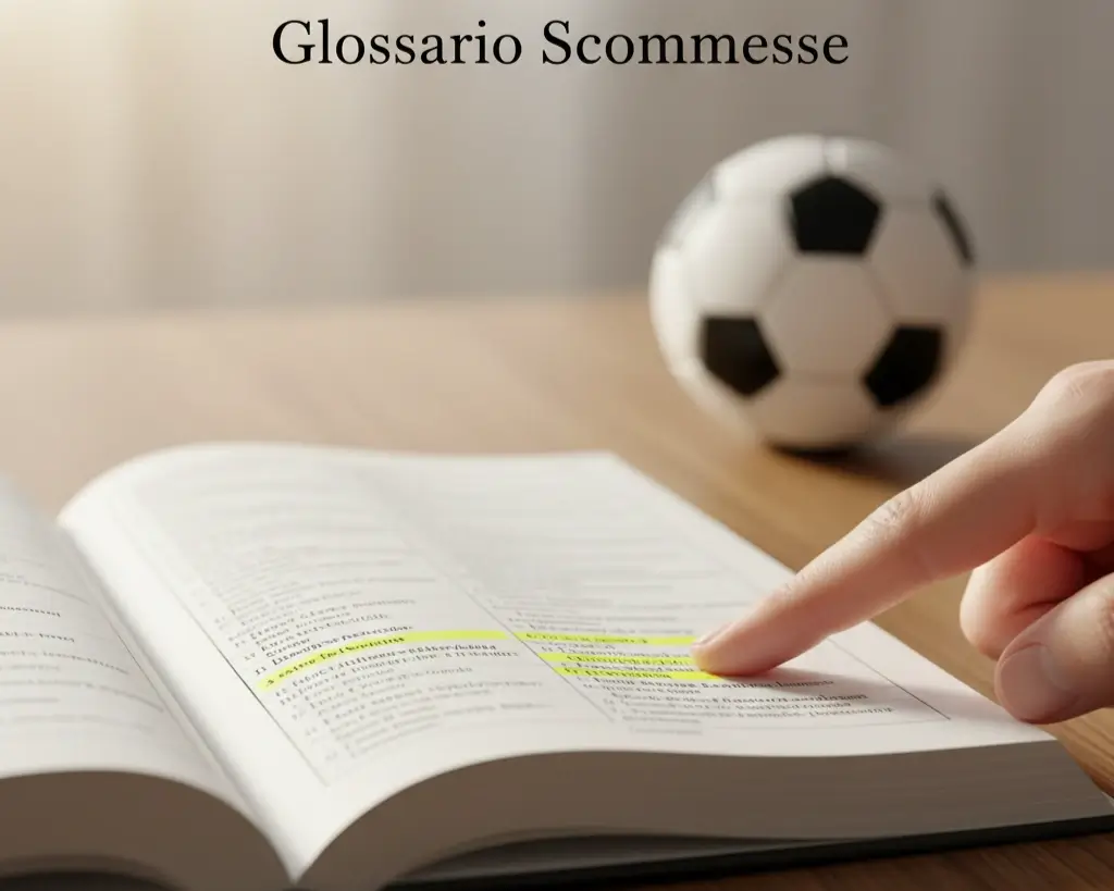 Pagina di un glossario aperto con termini di scommesse sportive evidenziati, accanto a un pallone da calcio