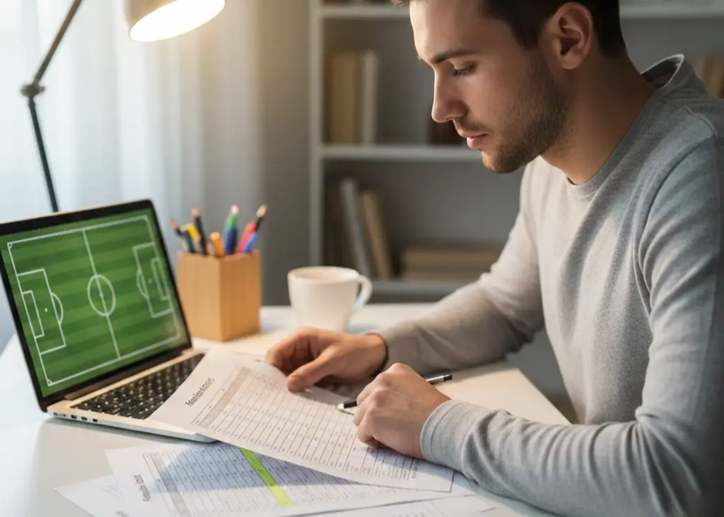 Analista che studia dati e statistiche di partite di calcio su una scrivania organizzata