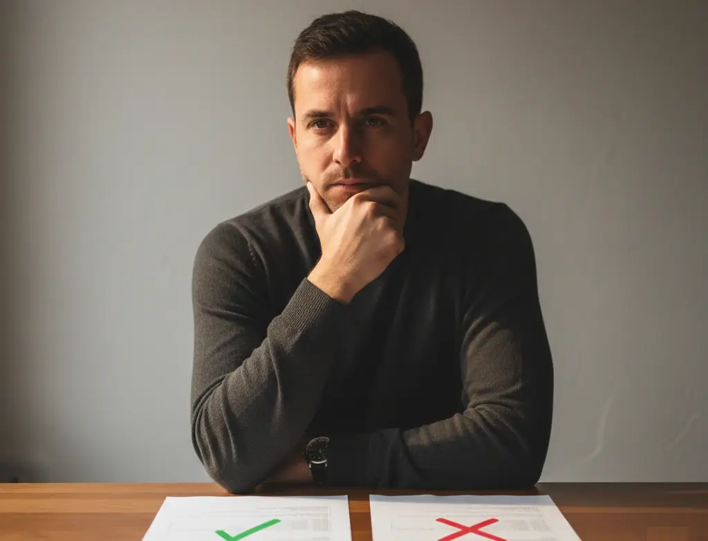 Uomo pensieroso davanti a un bivio simbolico, che rappresenta i bias cognitivi nelle scommesse