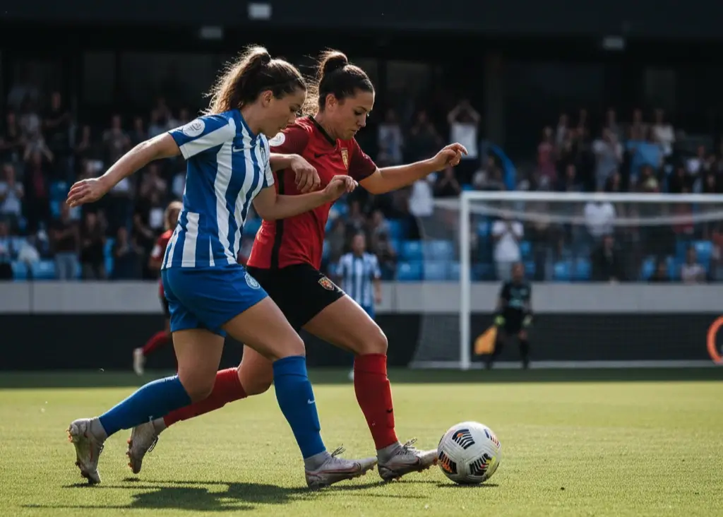 Partita di calcio femminile in corso su un campo in erba con giocatrici in azione
