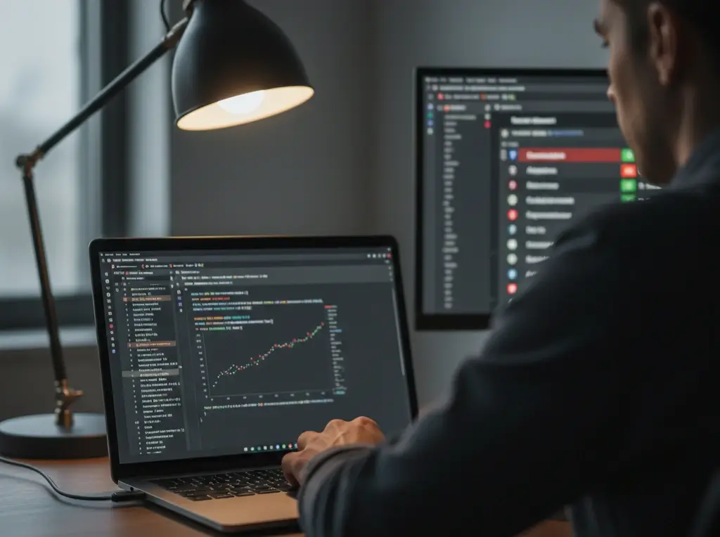 Laptop con codice e grafici di modelli predittivi per le scommesse sul calcio basati su intelligenza artificiale