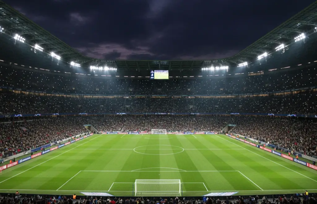 Stadio di calcio pieno durante una partita notturna di Champions League con luci accecanti