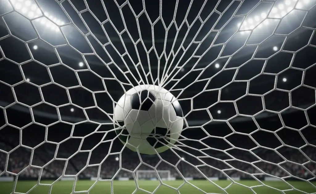 Pallone da calcio nella rete di una porta, momento del gol che rappresenta il mercato Goal/No Goal