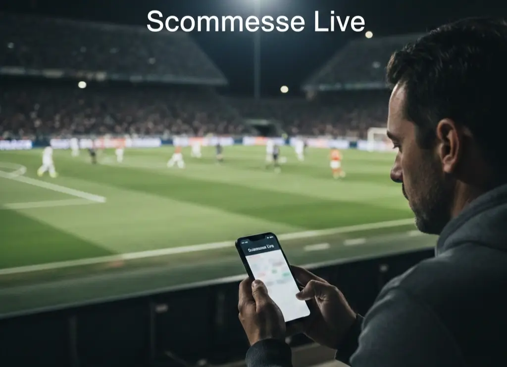 Scommesse live calcio: tifoso che guarda una partita su smartphone nello stadio illuminato