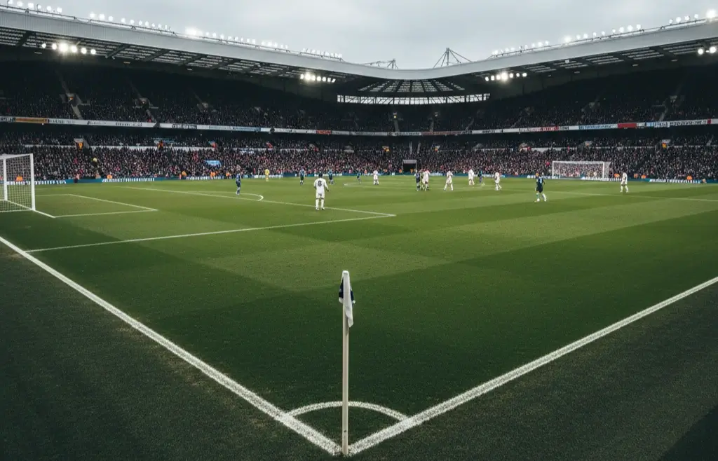 Stadio di calcio inglese con il campo in erba perfetta e l'atmosfera tipica della Premier League