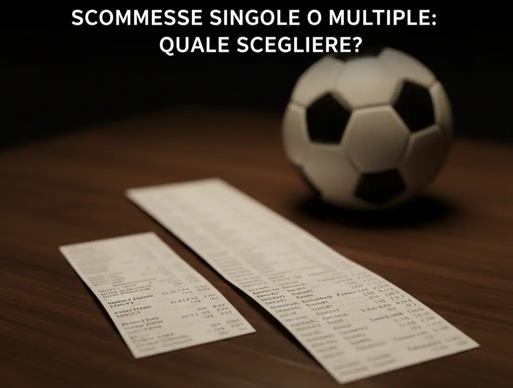 Due ricevute di scommessa su un tavolo — una singola e una multipla — con un pallone da calcio sullo sfondo