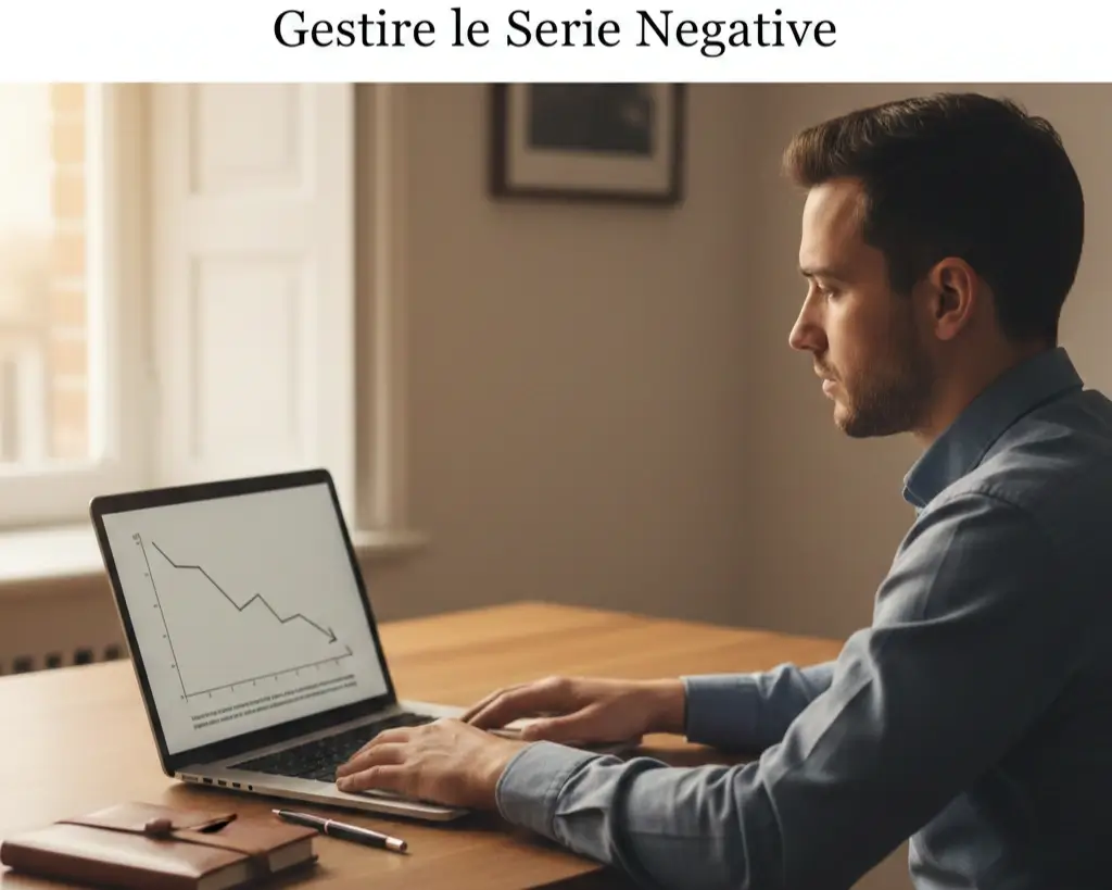 Persona seduta a una scrivania con espressione riflessiva dopo una serie di scommesse perse