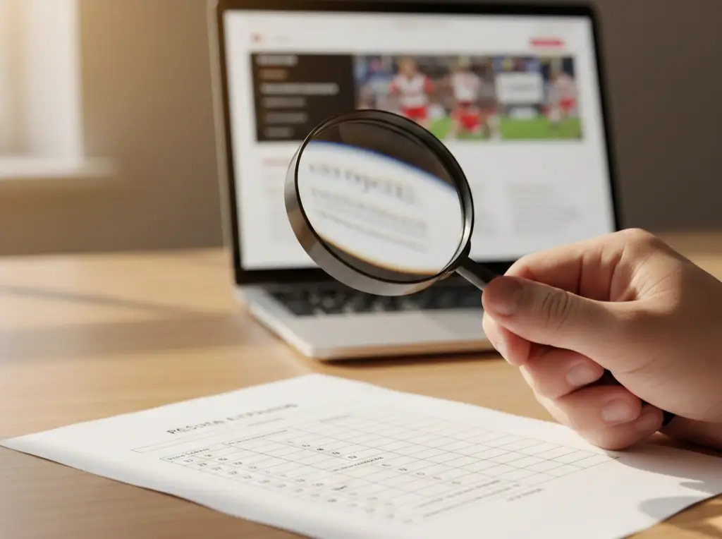 Persona che esamina con lente d'ingrandimento i risultati e le statistiche di un tipster di calcio