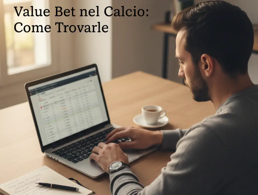 Scommettitore che analizza le quote di una partita di calcio su un laptop per trovare value bet